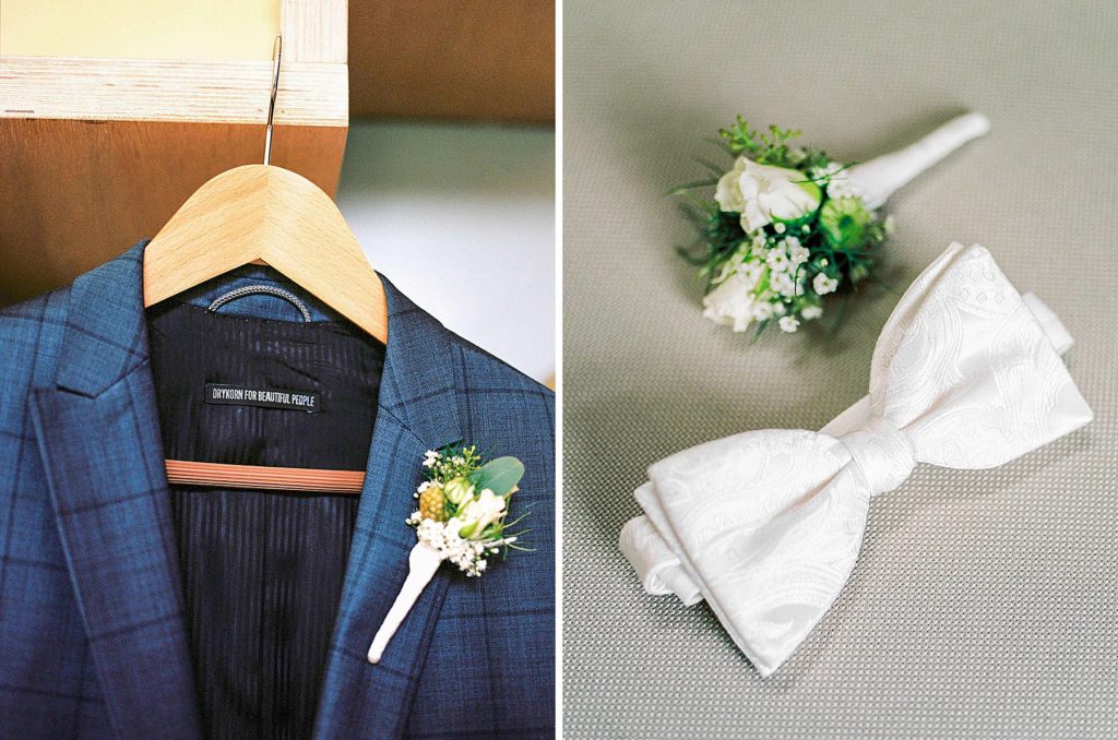 Groom Wedding details with bow tie in navy blue and white