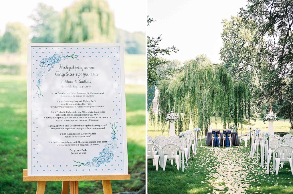 Outdoor wedding ceremony and sitting plan in Schloss Neuhardenberg