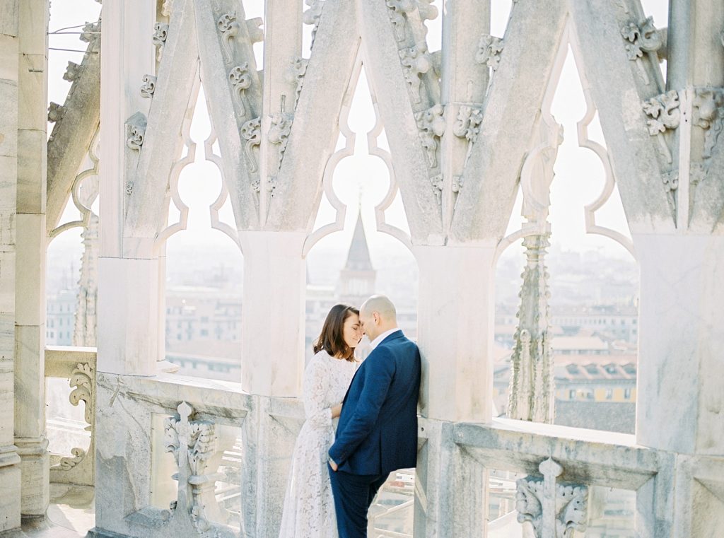 fine art film after wedding photo shooting in Milano, best view from Duomo di Milano