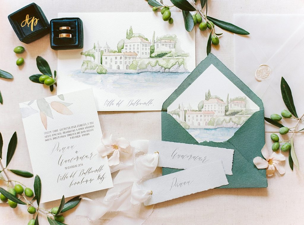 Film fine art wedding invitations stationary of Lake Como at Villa Balbianello on Contax 645